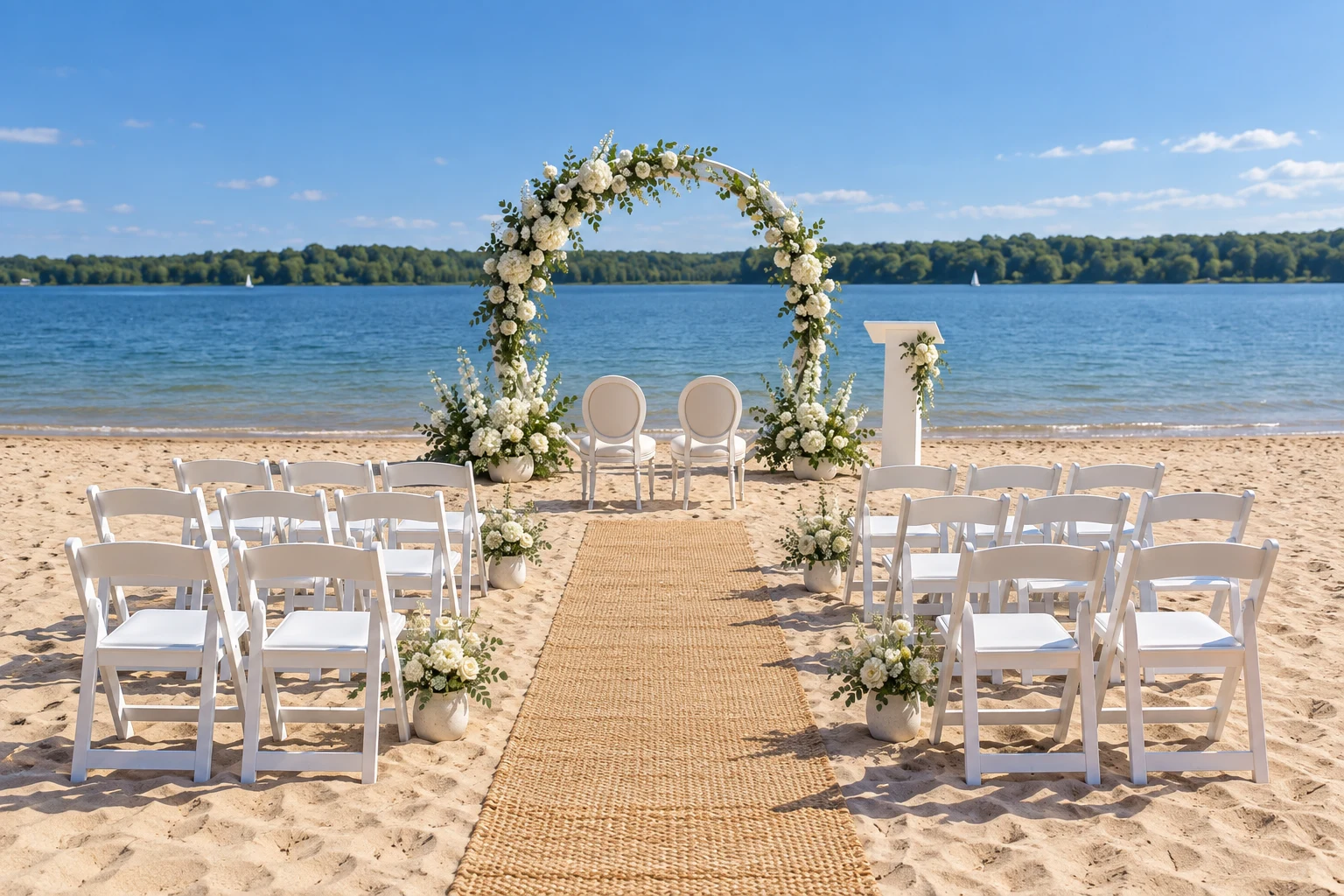 Konzeptvisualisierung einer freien Trauung am See mit weißen Stühlen und Blumenbogen